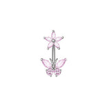 FLOWER BUTTERFLY ZIRCON STAINLESS STEEL BELLY RING_CWMM9471