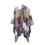 Women Color Plaid Tassels Split Warm Shawl