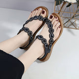 Women Bohemia Bling Rhinestone Pearl Flat Sandals