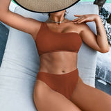 ONE SHOULDER HIGH WAIST BIKINI SEXY SOLID SWIMSUIT_CWMW0171