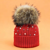Women¡¯S Knit Beanie With Pearl & Fur Pom_Cwah04987