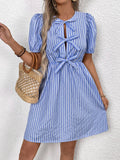 Vintage Striped Crew Neck With Bow Lace-Up Dress
