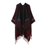 FRINGED SHAWL PLAID SCARF FAUX CASHMERE SLIT CAPE_CWASC2258