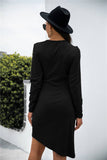 V-Neck Long-Sleeved Solid Color Irregular Dress