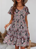 V-Neck Casual Holiday Print Lotus Sleeves Dress