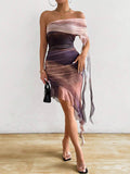 Womens Ruched Strapless Split Mesh Ruffle Dress