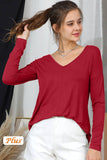 Solid V-Neck Long Sleeve T Shirt_Cwttl1444