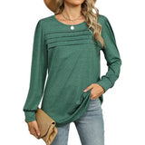 Solid Color U-Neck Pleated Long Sleeve T-Shirt
