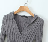 V-Neck Hooded Short Knit Sweater