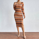 Stylish Wavy Color Striped Slim Longsleeved Dress