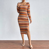 Stylish Wavy Color Striped Slim Longsleeved Dress