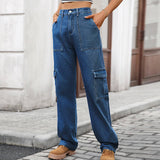 Washed Semi-Elastic Waist Denim Workwear Trousers