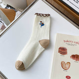 White Coffee Color Floral Print Crew Socks_Cwms0298