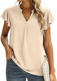V-Neck Fly Sleeve Short Sleeve Solid Color Top