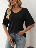 Solid Color V-Neck T-Shirt With Lotus Sleeves