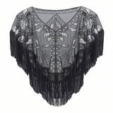 Vintage Sequin Fringe Cape Party Dress Shawl_Cwmm8959