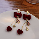 NEW BURGUNDY BOW LONG HEART EARRINGS_CWAJE1860