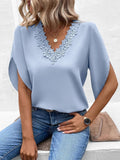 Solid Lace V-Neck Flared Sleeves Loose Blouse