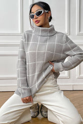 Women Plaid Pattern High Turtle Neck Fw Sweater_Cwoswl1439