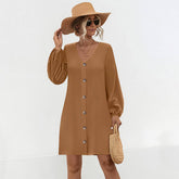 V-Neck Solid Color Lantern Sleeve Dress