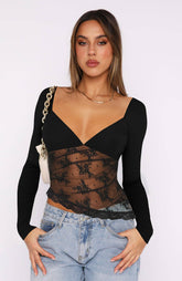 Solid Color Lace Patchwork Sexy Crop Top