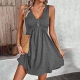 V-Neck Waist Pleated Loose A-Swing Dress