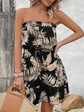 Strapless,Cinched Waist Lace-Up Printed Dress