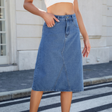 Washed Denim Midi Skirt For Women Casual Style_Cwjsk0194