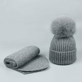 Winter Knit Hat Scarf Set With Fox Fur Pom Beanie_Cwah05044