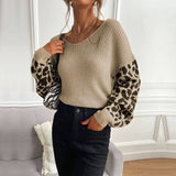 V-Neck Knit Leopard Print Patchwork Sweater