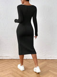 Square-Neck Long-Sleeved Solid-Color Dress