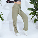 Solid Color Tie Waist High Rise Slim Fit Pants