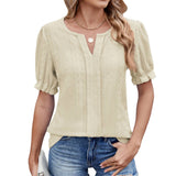 Solid Color V-Neck Puffed Sleeve Jacquard T-Shirt
