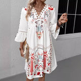 V-Neck Lace Patchwork Complete With Printed Dress