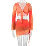 Tie-Dye Print V-Neck Mesh Long Sleeve Skirt Set