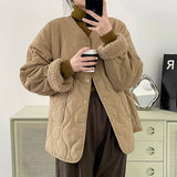 V Round Neck Spliced Lamb Wool Padded Jacket