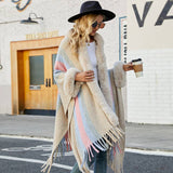 Womens Hooded Cape Striped Knitted Fringe Shawl