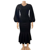 FASHION PLUS SIZE VNECK LONG SLEEVE FISHTAIL DRESS_CWDMD3671