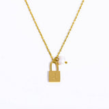 STAINLESS STEEL LETTER PEARL LOCK PENDANT NECKLACE_CWMM5298