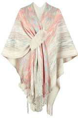 Cwocas0051_Contrast Color Pompom Tassel Knitted Shawl