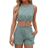 Textured Solid Color Vest Shorts Set