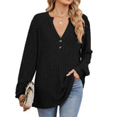 V-Neck Button-Down Long Sleeved Loose T-Shirt