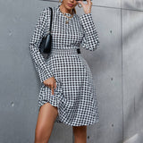 Thousand-Bird Plaid Long-Sleeved Dress