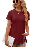 Solid Color Crew Neck Short Sleeve Split Top_Cwtsts0145