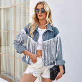 Washed Long Sleeve Denim Jacket With Fringe