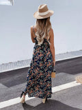 V-Neck Sleeveless Halter Print Boho Long Dress