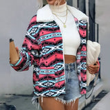 Women Zipper Geometric Printed Plush Jacket_Cwoco0118