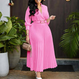 ELEGANT LAPEL SOLID COLOR WIDE HEM PLEATED DRESS_CWDMD3661