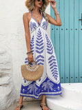 Vacation Style High-Waisted Printed Halter Dress