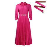ELEGANT LAPEL SOLID COLOR WIDE HEM PLEATED DRESS_CWDMD3661